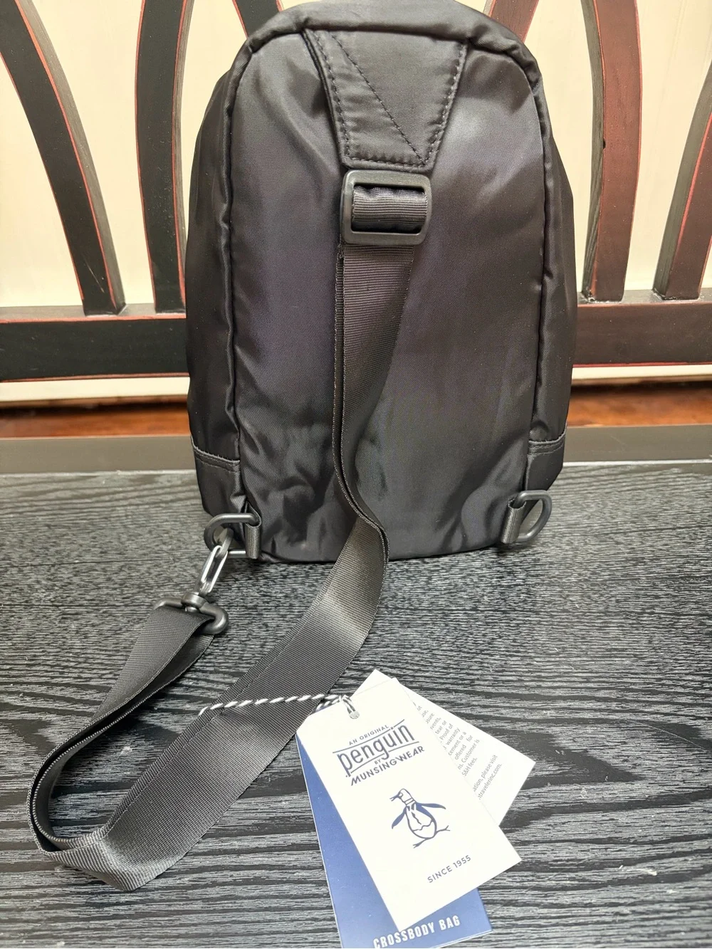 Original Penguin Black Sling Backpack with White Penguin Logo